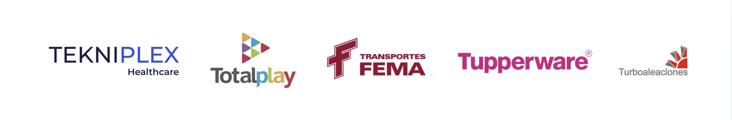 Logo de TekniPlex, Totalplay, Transportes FEMA, Tupperware y Turboaleaciones