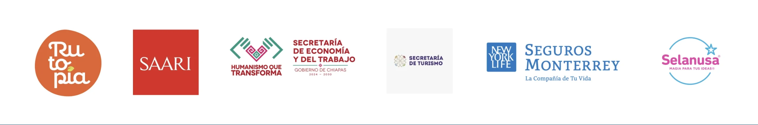 Logo de Rutopia, SAARI, Secretaría de Economía y del Trabajo, Secretaría de Turismo, Seguros Monterrey y Selanusa