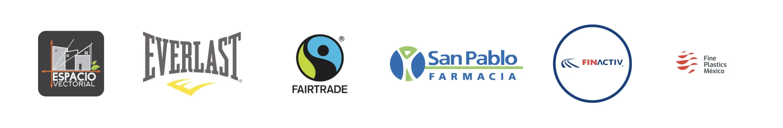 Logo de Espacio Vectorial, Everlast, Fairtrade, Farmacio San Pablo, FINACTIV y Fine Plastics México