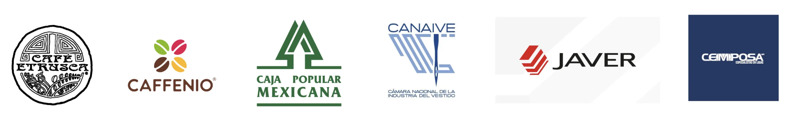 Logo Café Etrusca, Caffenio, Caja Popular Mexicana, CANAIVE, Javer, CEMPOSA