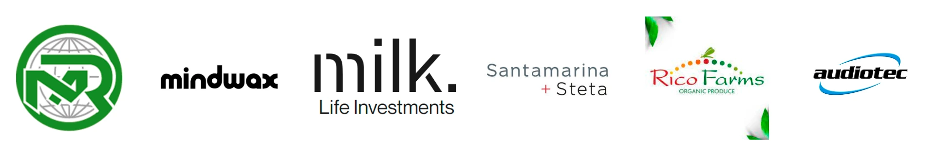 Logo de MR, Mindwax, Milk life Investments, Santamarina Steta, Rico Farms, Audiotec