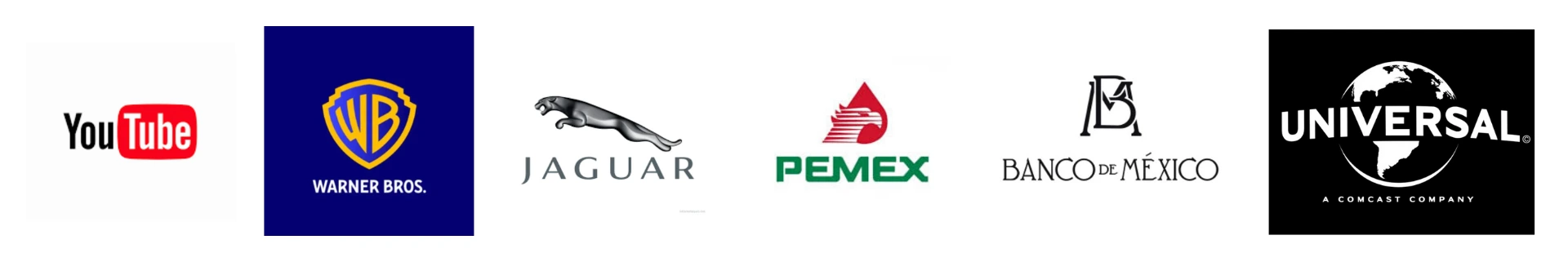 Logo de Youtube, Warnes Bros, Jaguar, Pemex, Banco de México, Universal