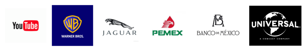 Logo de YouTube, Warnes Bros., Jaguar, Pemex, Banco de México, Universal Studios